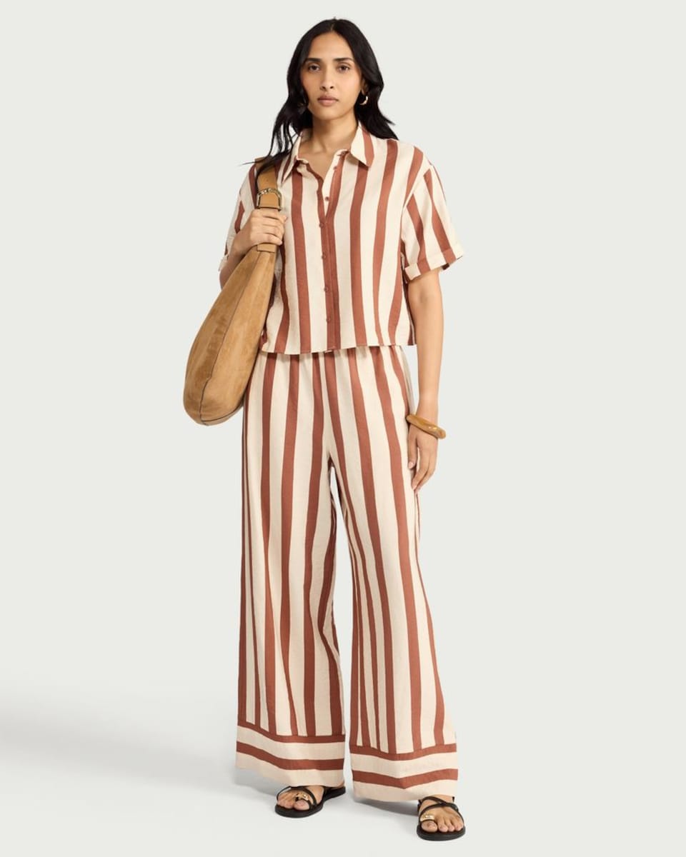 image 1 of F&F Striped Wide Leg Co-ord Trousers in Multi Brown