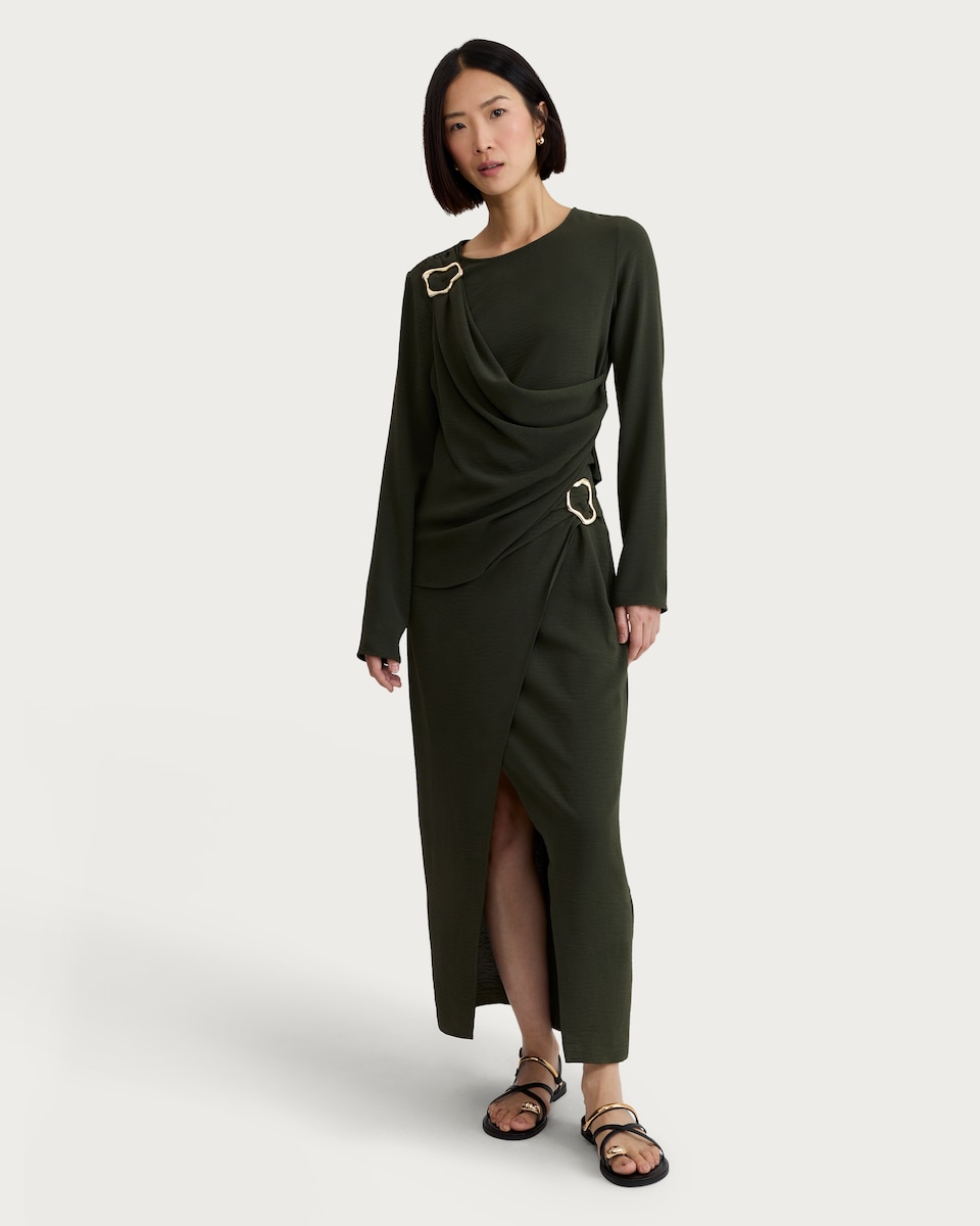 image 1 of F&F Buckle Split Hem Midi Co-ord Skirt in Khaki