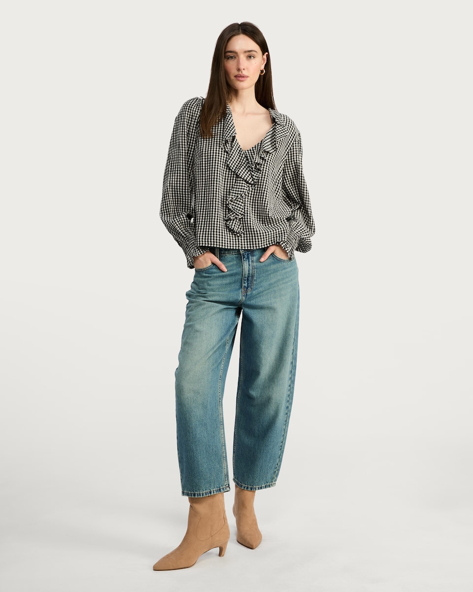 image 1 of F&F Cotton Blend Gingham Ruffle Blouse in Multi Black White