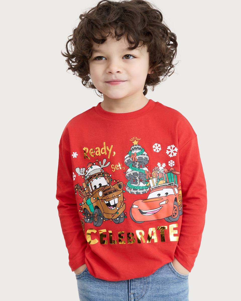 image 1 of Disney Cars Pure Cotton Ready Set Celebrate Long Sleeved Top in Red