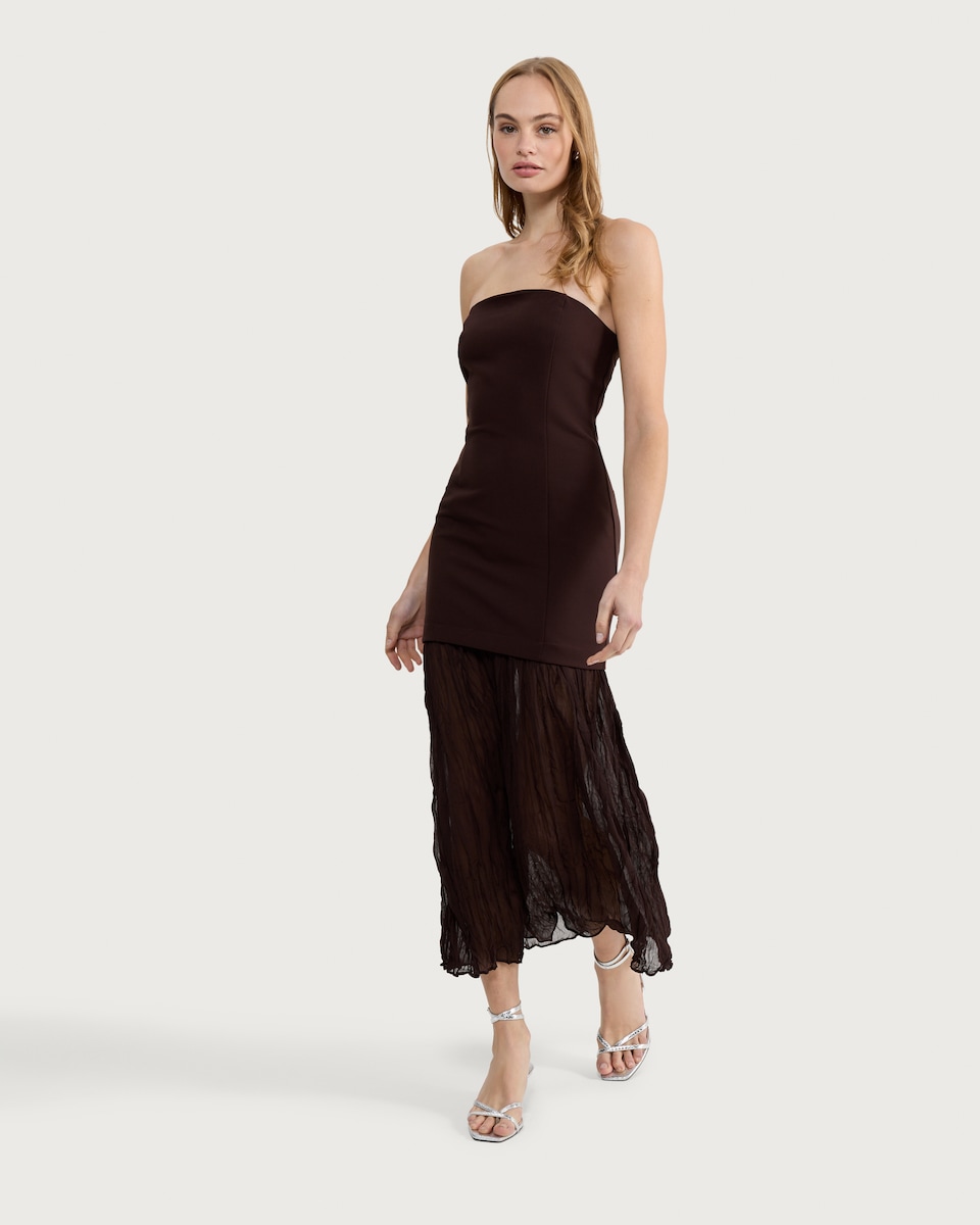 image 1 of F&F Strapless Chiffon Hem Dress in Brown