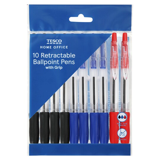 Tesco Grip Retractable Ball Pens Asstd 10 Pack Tesco Groceries
