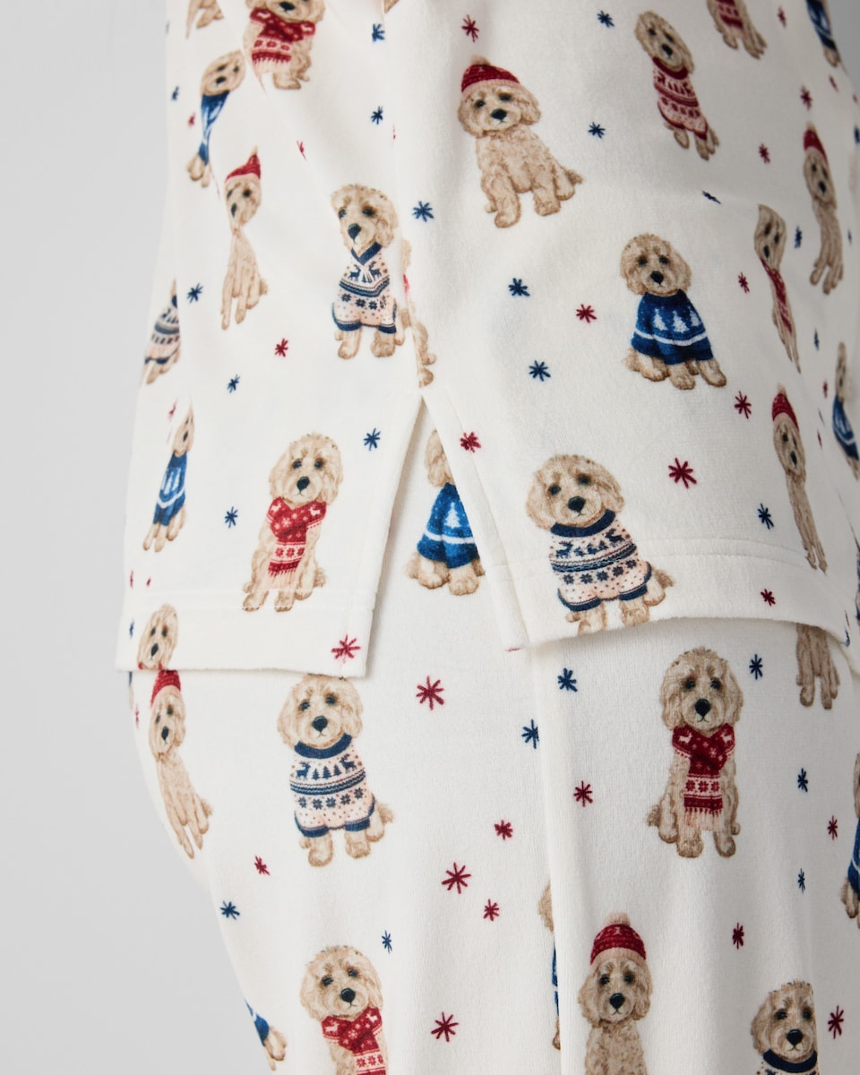 image 1 of Christmas Fleece Dog Revere Pyjama Set in Multi White