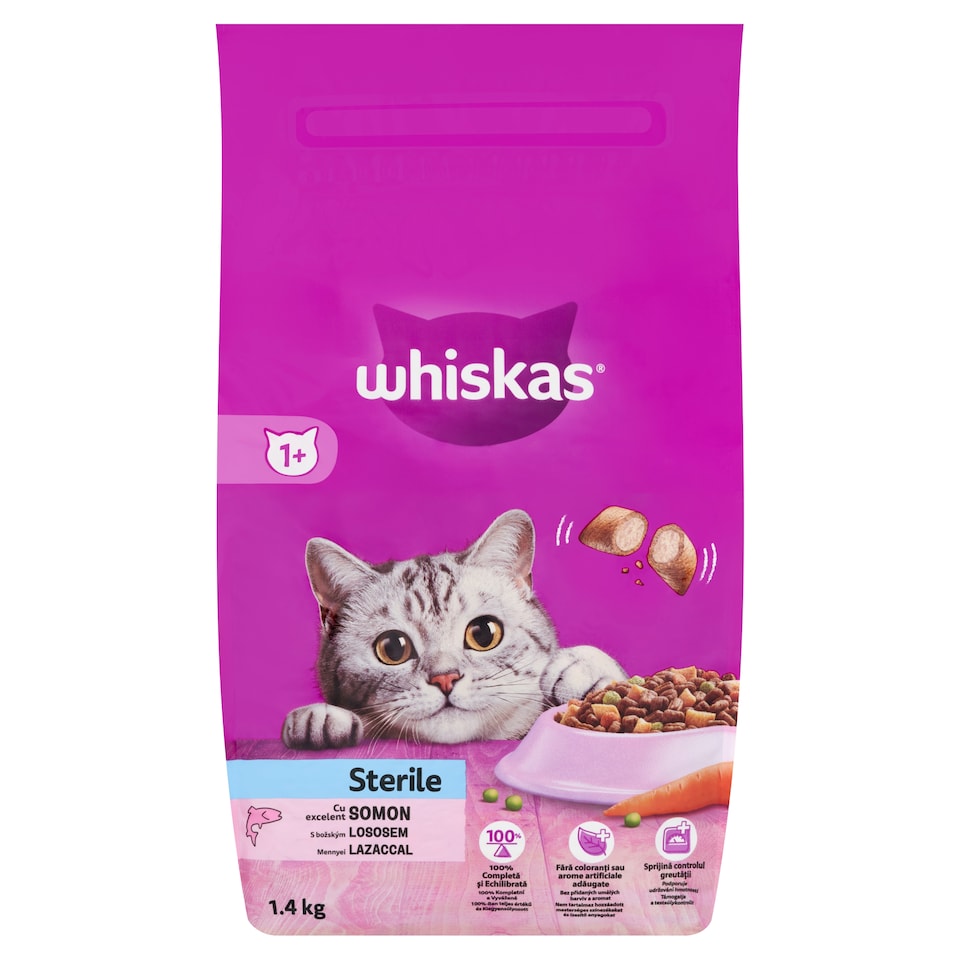 Whiskas Sterile teljes értékű szárazeledel felnőtt macskák számára lazaccal 1,4 kg  1. kép