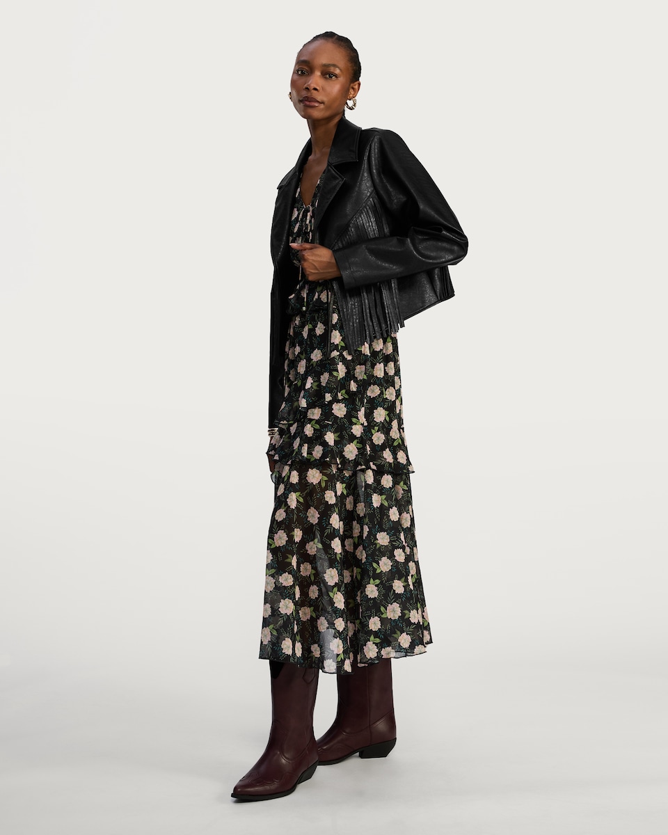 image 1 of F&F Faux Leather Fringed Jacket in Black