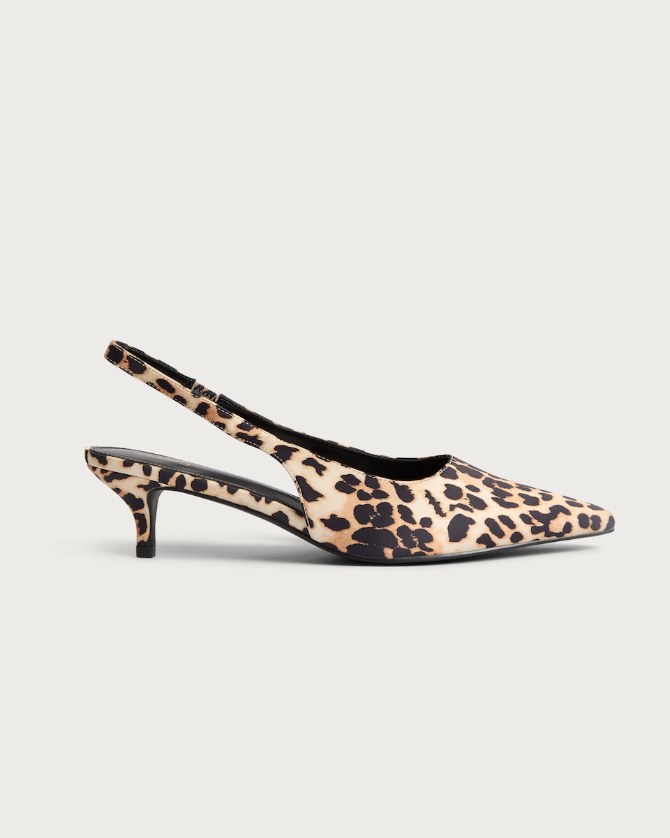 image 1 of SACHA Satin Look Leopard Print Slingback Kitten Heels in Multi Brown
