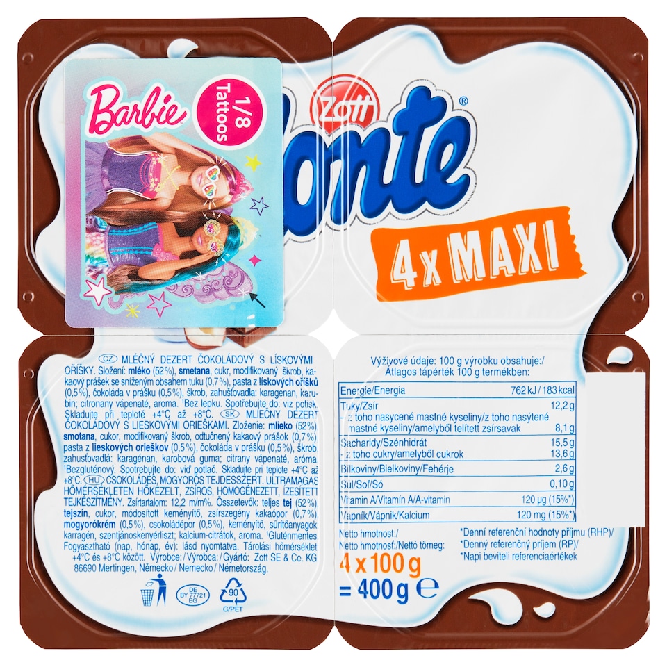 image 1 of Zott Monte Milk Chocolate Dessert with Hazelnuts 4 x 100 g (400 g)