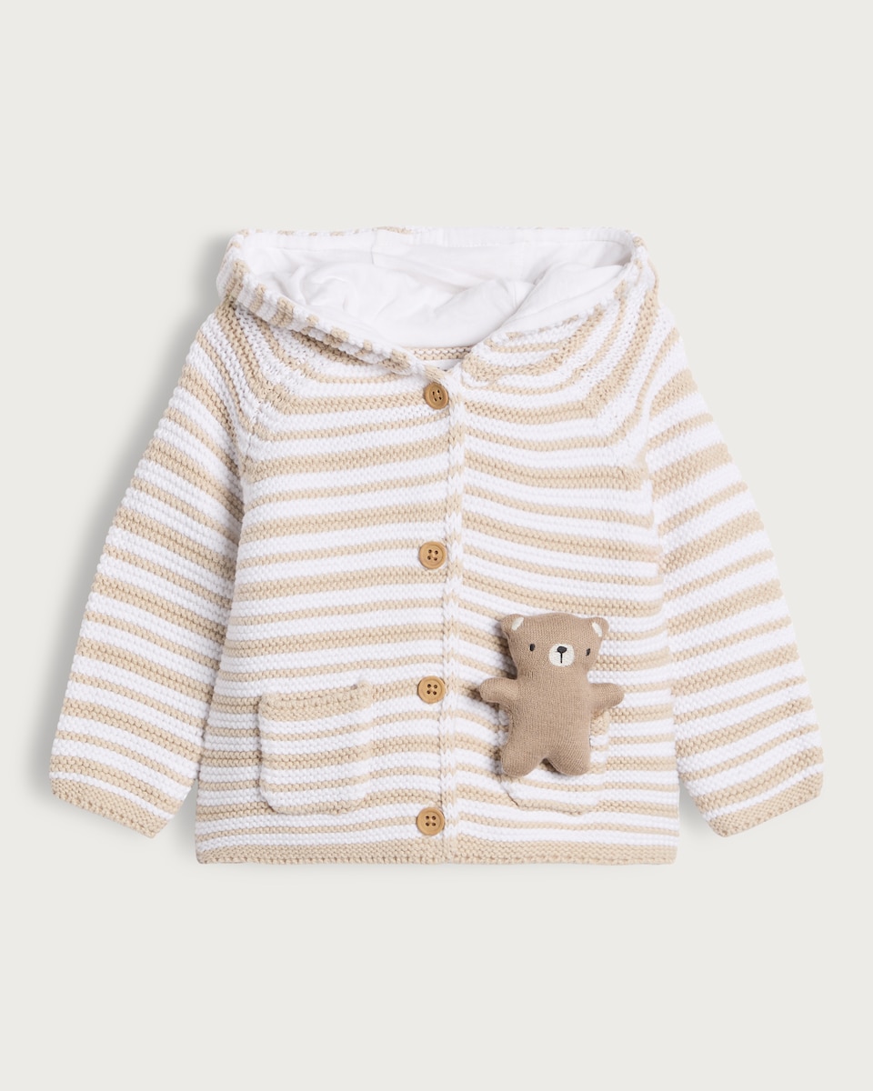image 1 of F&F Baby 2-Piece Pure Cotton Stripe Hooded Cardigan and Bear Comforter Set in Multi
