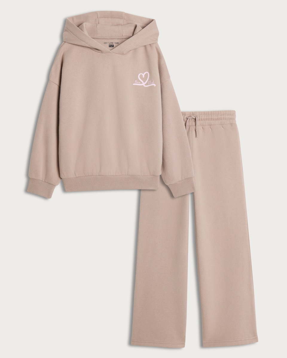 image 1 of F&F Girls 2-Piece Cotton Rich Have a Nice Day Hoodie and Joggers in Natural