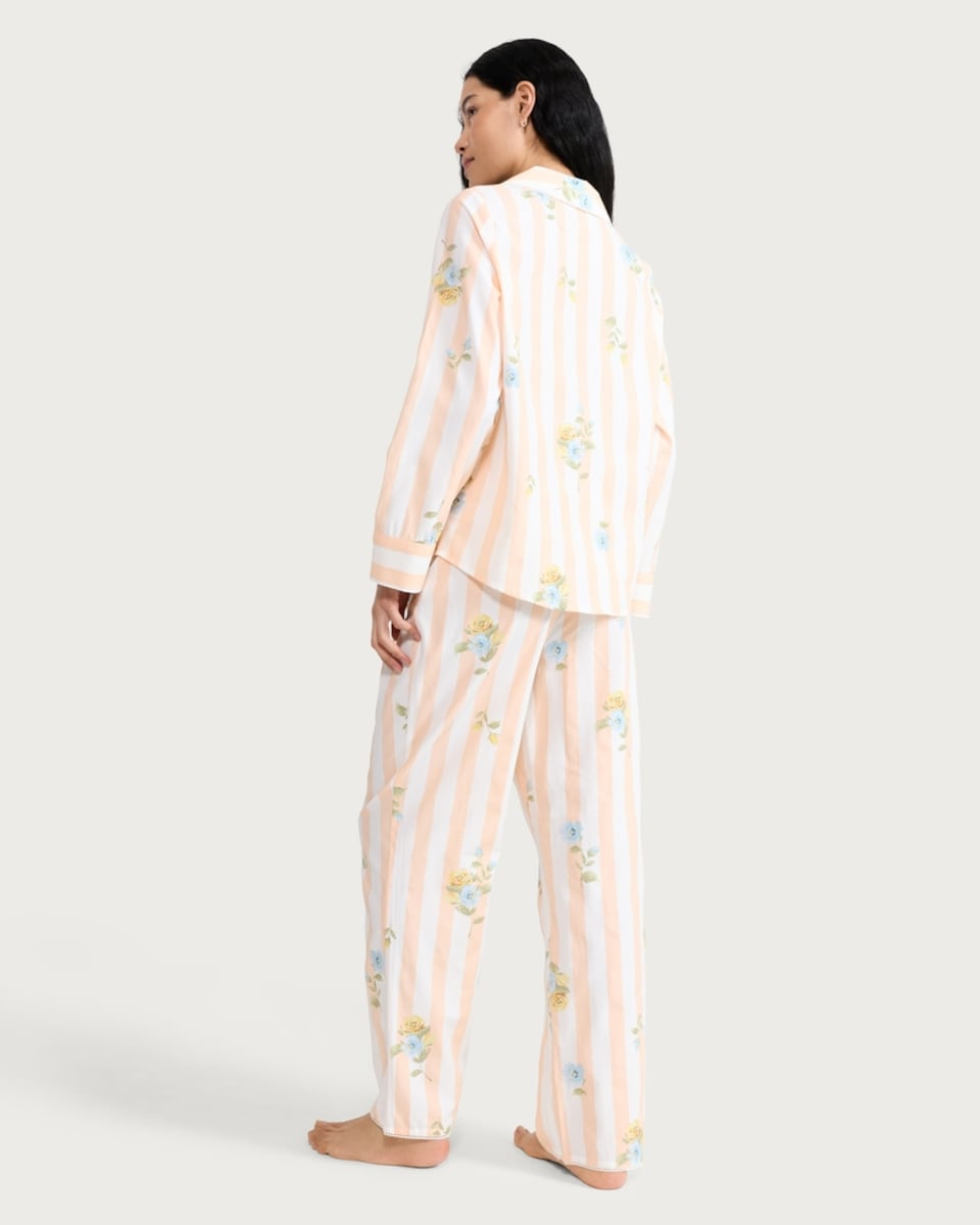 image 1 of F&F Poplin Floral Striped Revere Pyjama Set in Coral