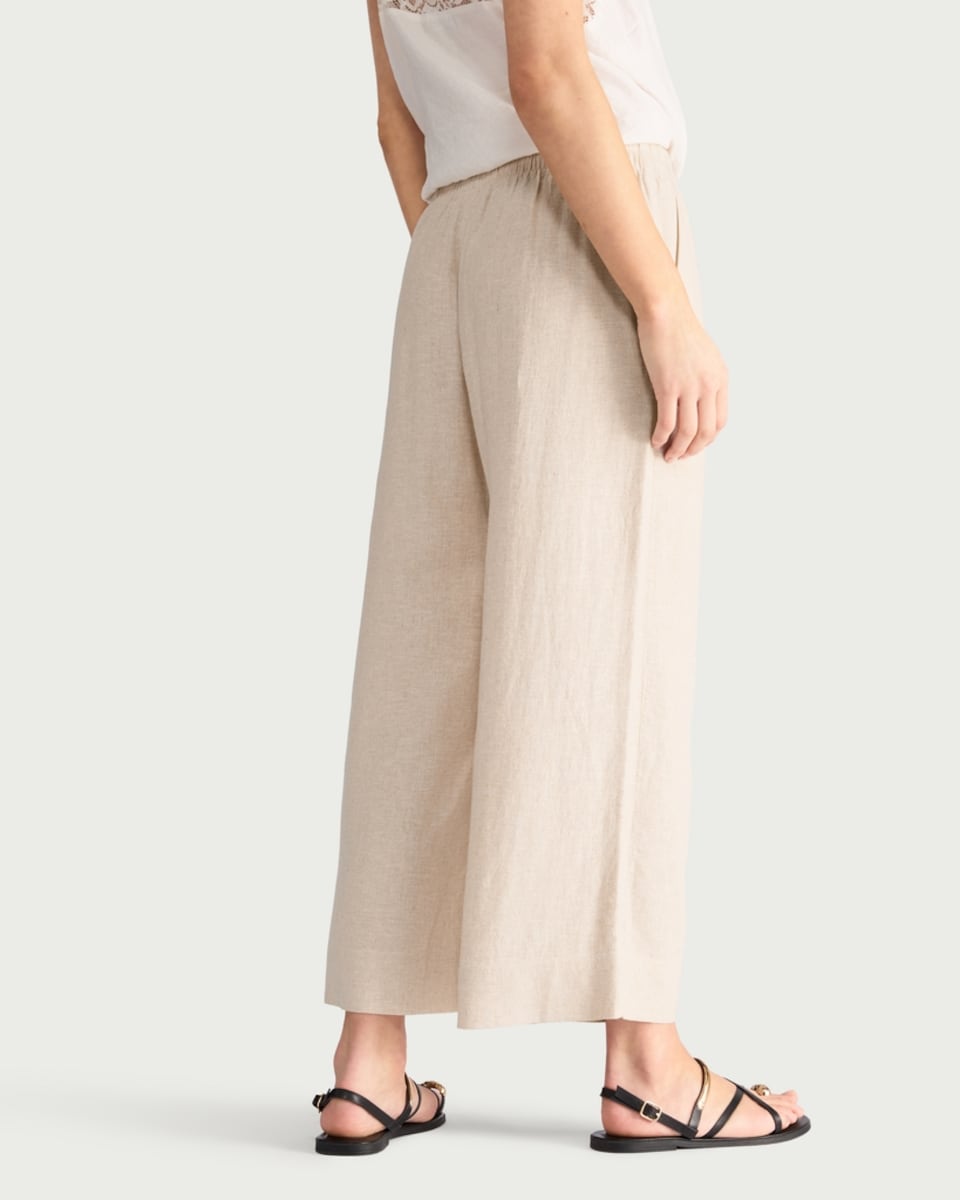 image 1 of F&F Linen Rich Wide Leg Cropped Drawstring Trousers in Beige
