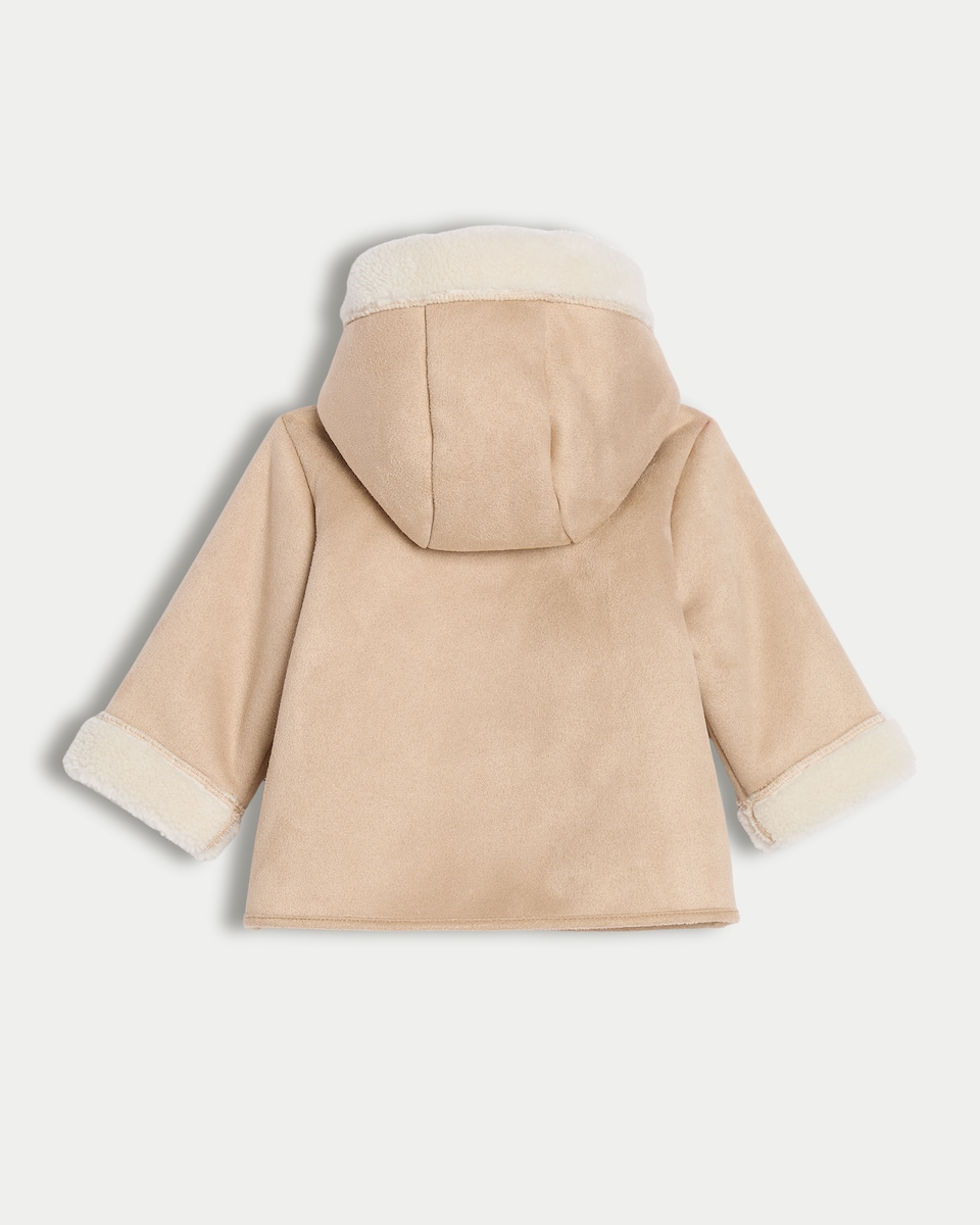 image 1 of F&F Baby Faux Shearling Trim Hooded Jacket in Tan