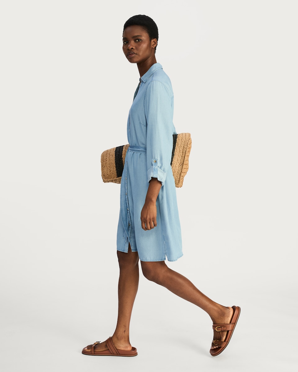 image 1 of F&F TENCEL™ Button Front Belted Mini Shirt Dress in Blue