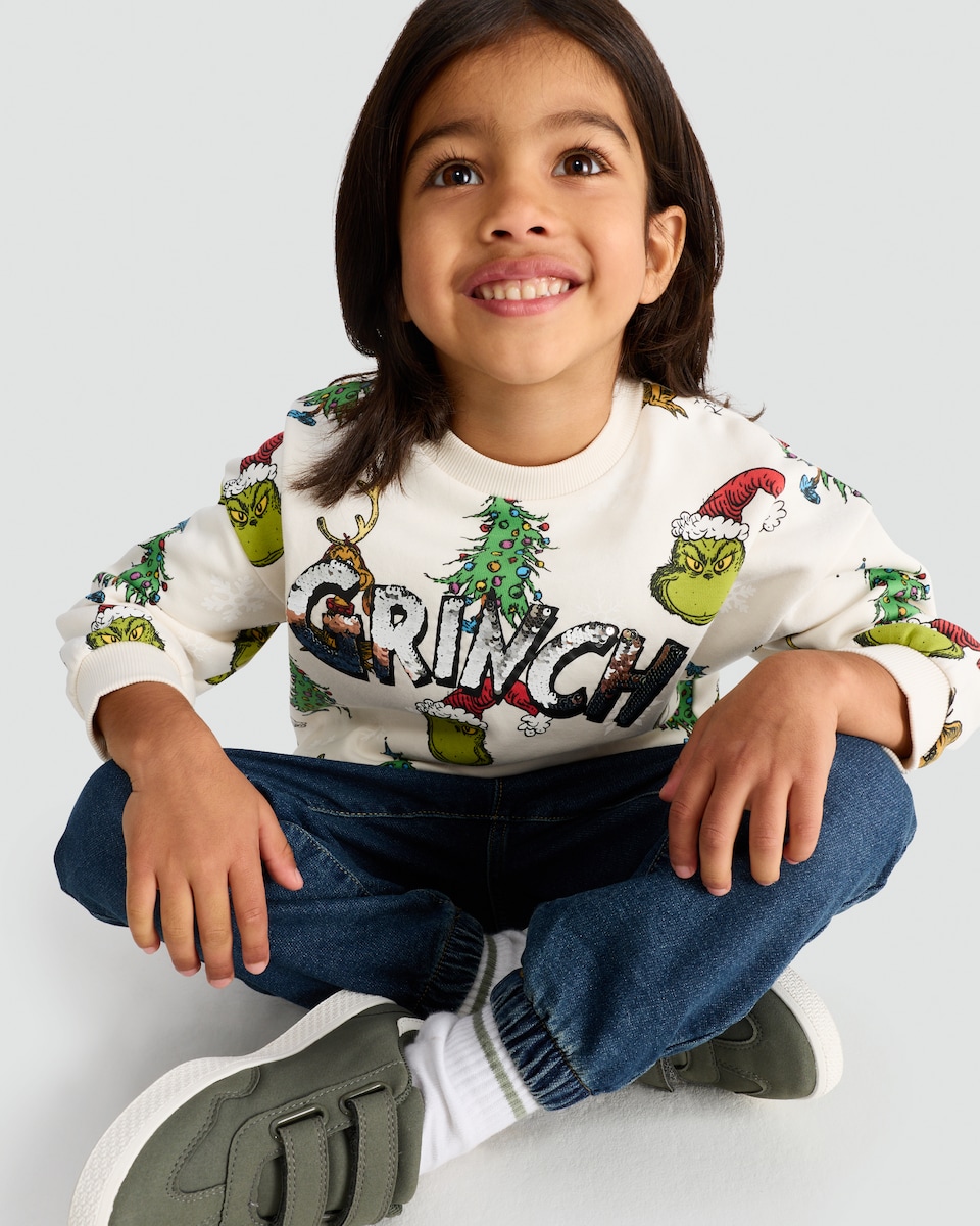 image 1 of The Grinch Cotton Rich Sequin Embellished Sweatshirt in Cream