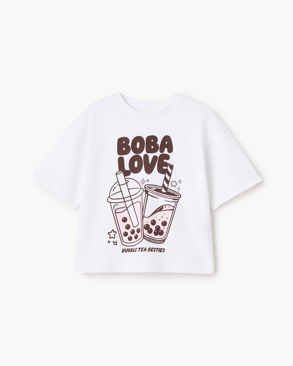 image 1 of F&F Girls Pure Cotton Boba Love T-Shirt in White