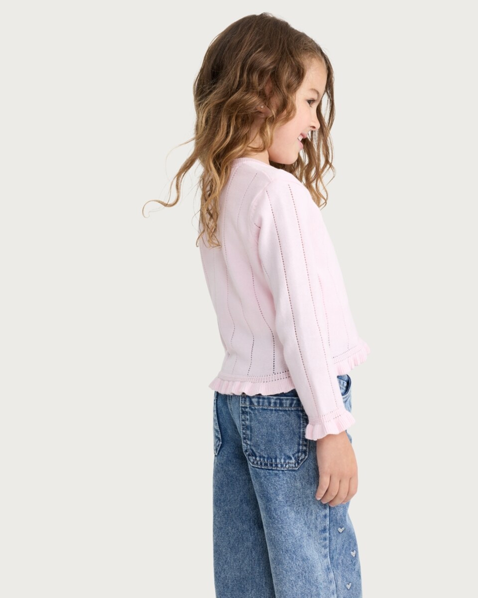 image 1 of F&F Girls Pure Cotton Pointelle Frill Trim Cardigan in Pink
