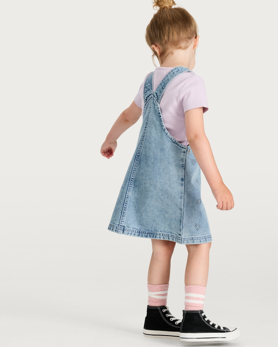 image 1 of F&F Girls Cotton Rich Denim Pinafore and T-Shirt Set in Multi Blue