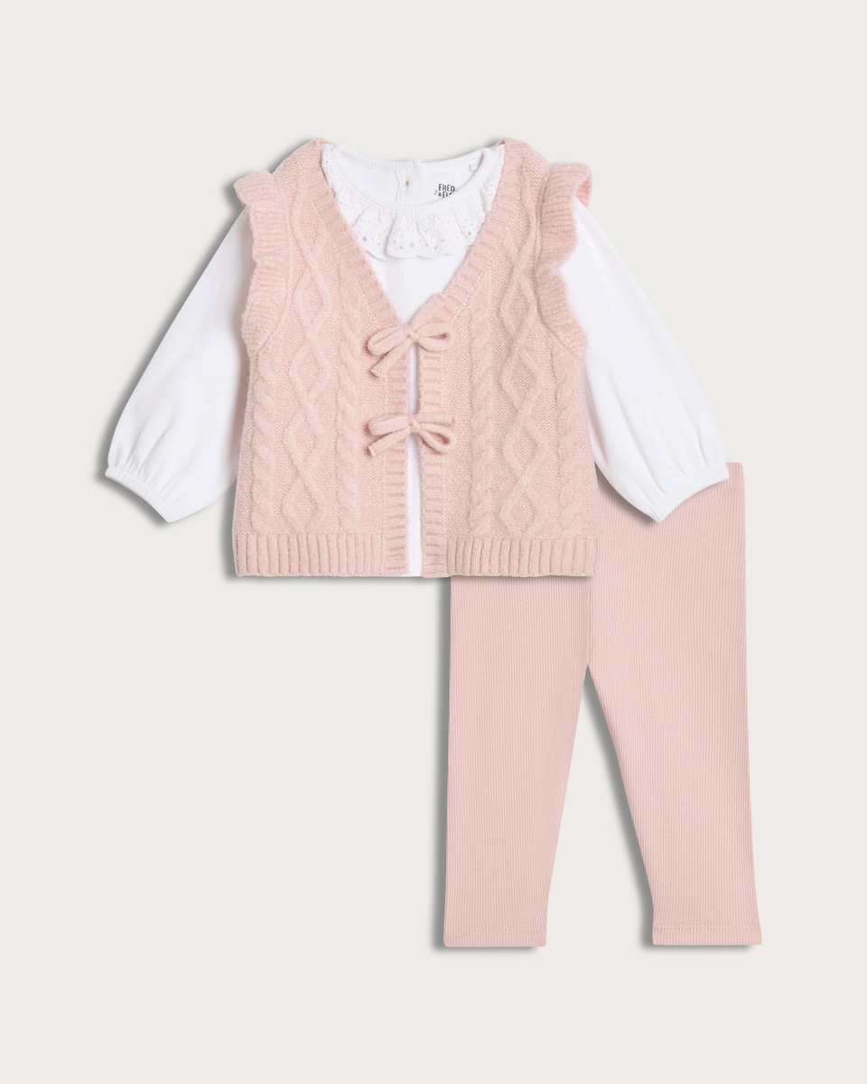 image 1 of F&F Baby 3-Piece Cable Knit Waistcoat, Top and Leggings Set in Pink