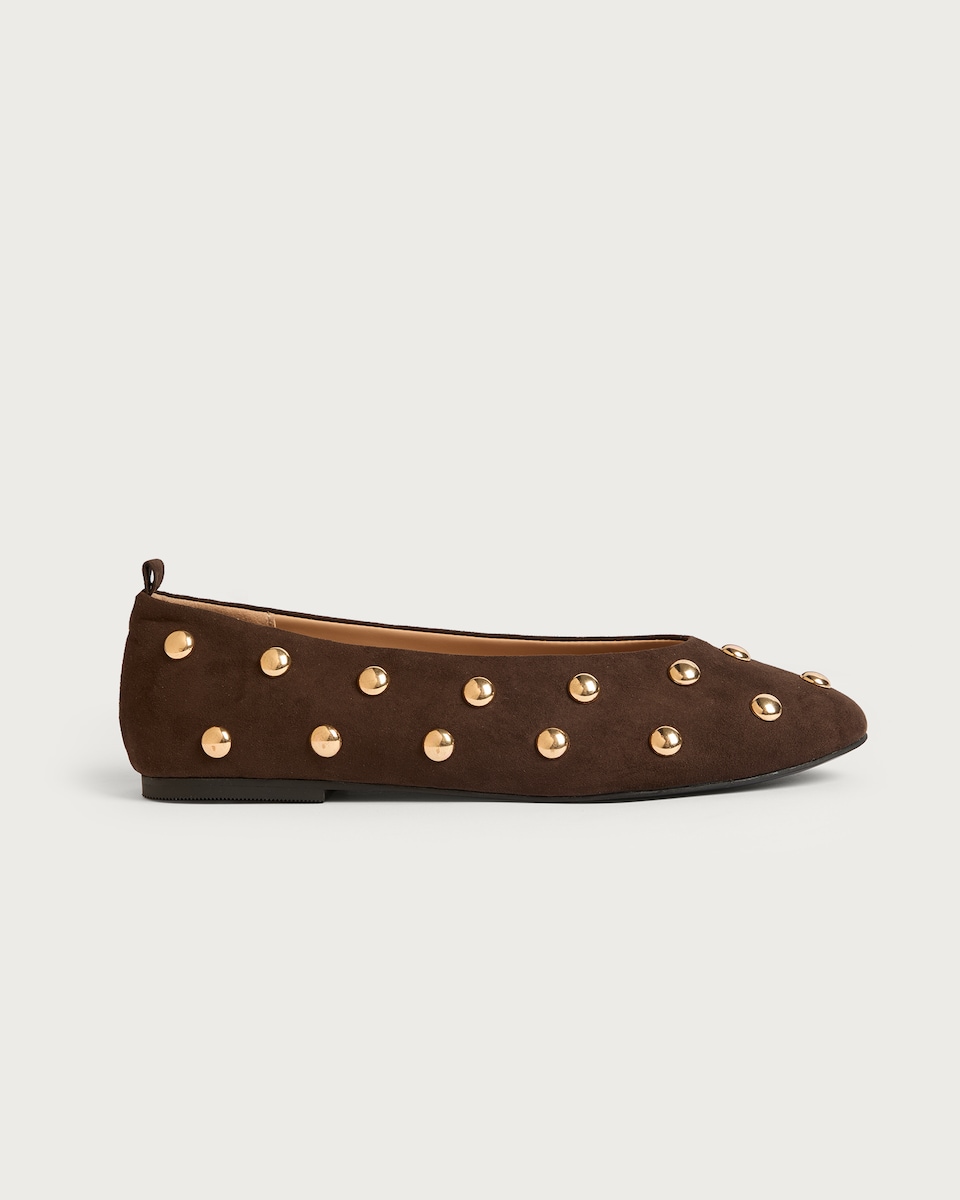 image 1 of SACHA Faux Suede Studded Ballet Flats in Brown