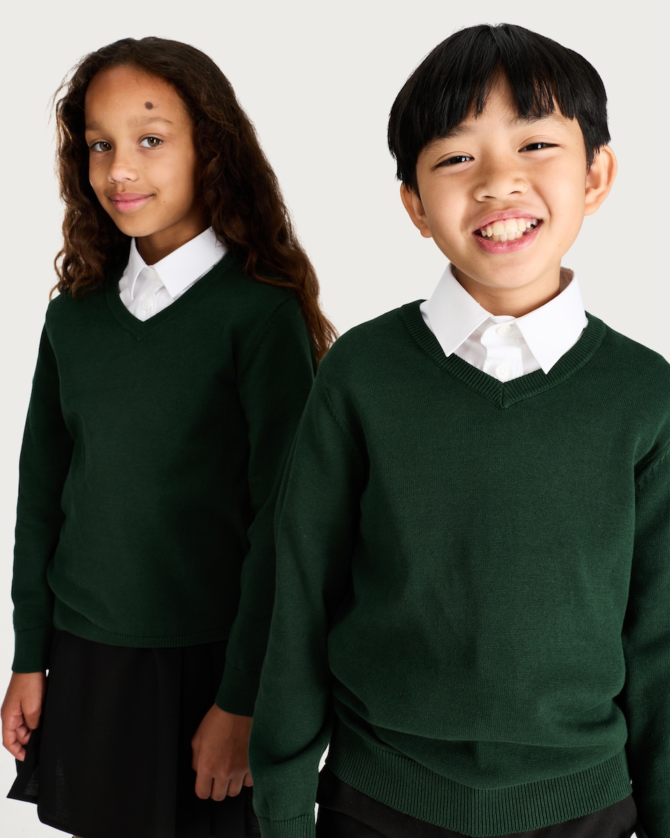 image 1 of F&F School 2-Pack Pure Cotton V-Neck Jumpers in Green