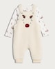image 1 of F&F Baby Fleece Reindeer Face Dungarees and Bodysuit in White