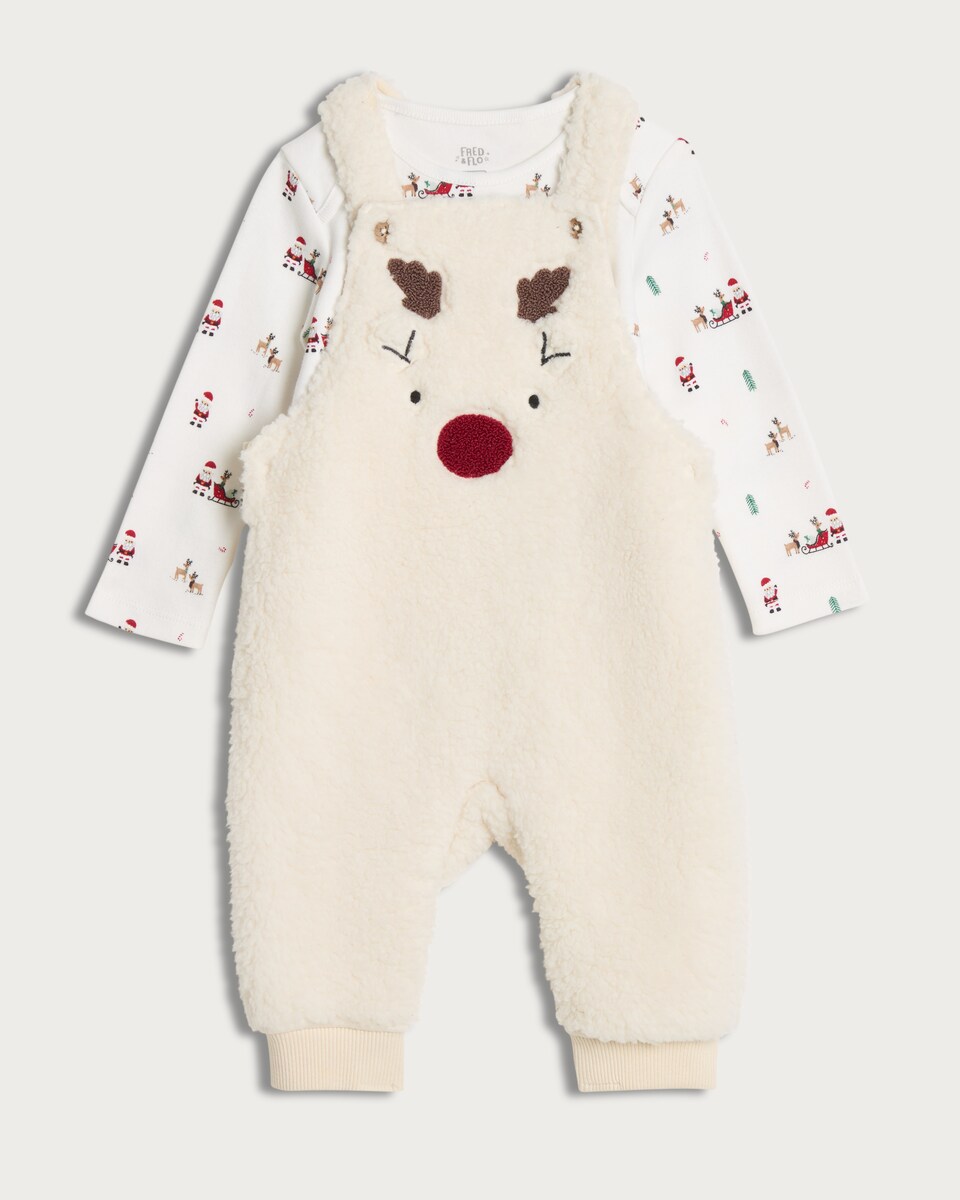image 1 of F&F Baby Fleece Reindeer Face Dungarees and Bodysuit in White