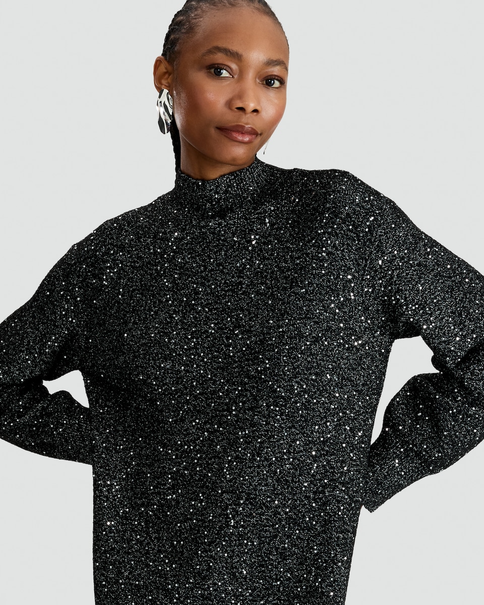 image 1 of F&F Sequin Embellished Knit High Neck Dress in Black