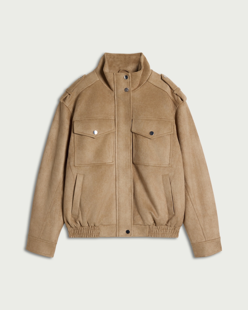 image 1 of F&F Faux Suede Funnel Neck Jacket in Med Nude