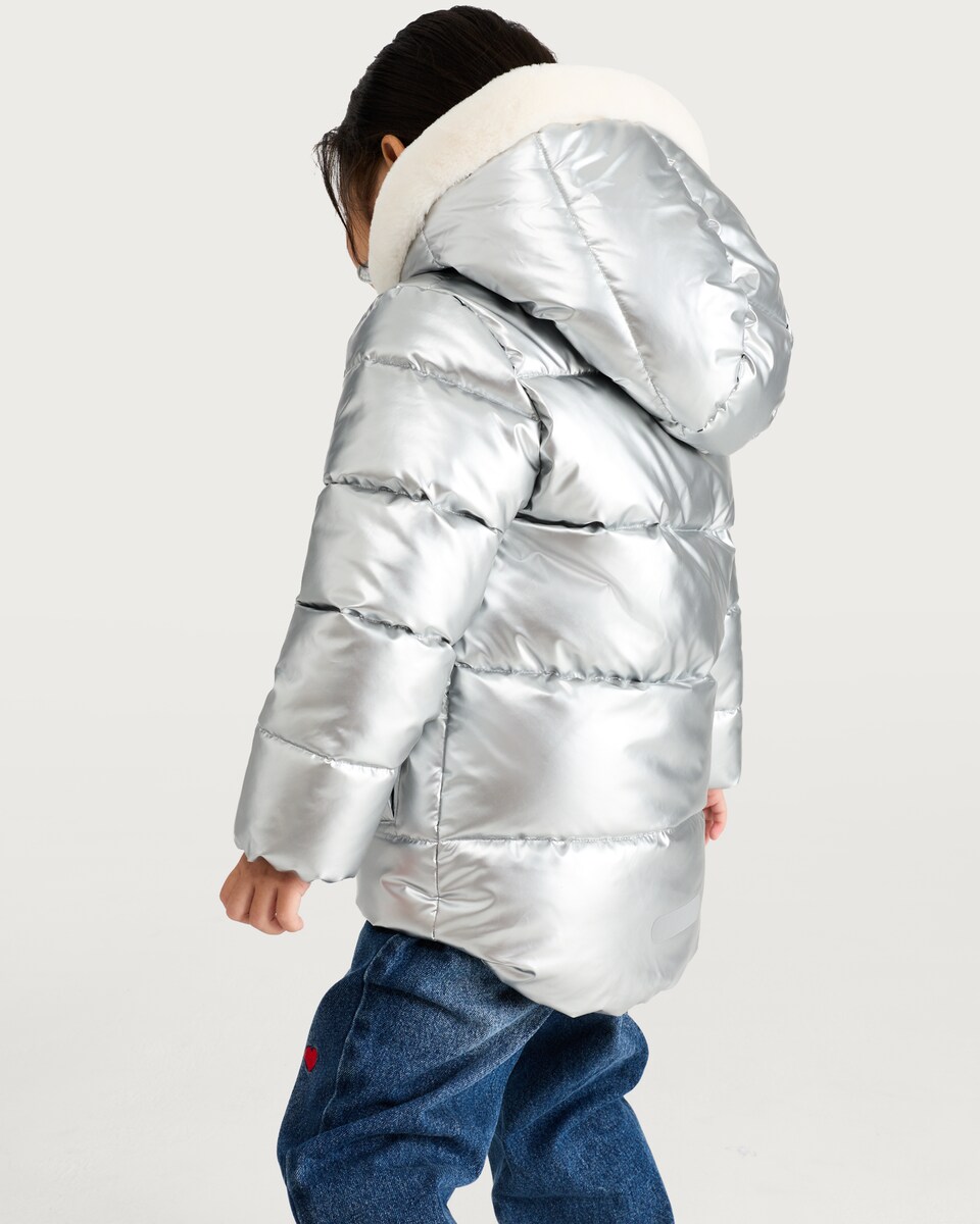 image 1 of F&F Girls Metallic Shower Resistant Puffer Jacket in Silver