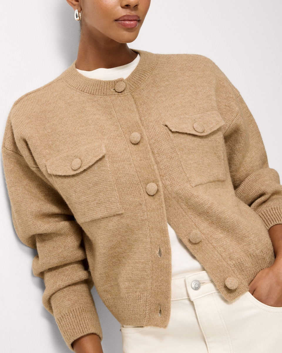 image 1 of F&F Military Crew Neck Cardigan with Wool in Camel