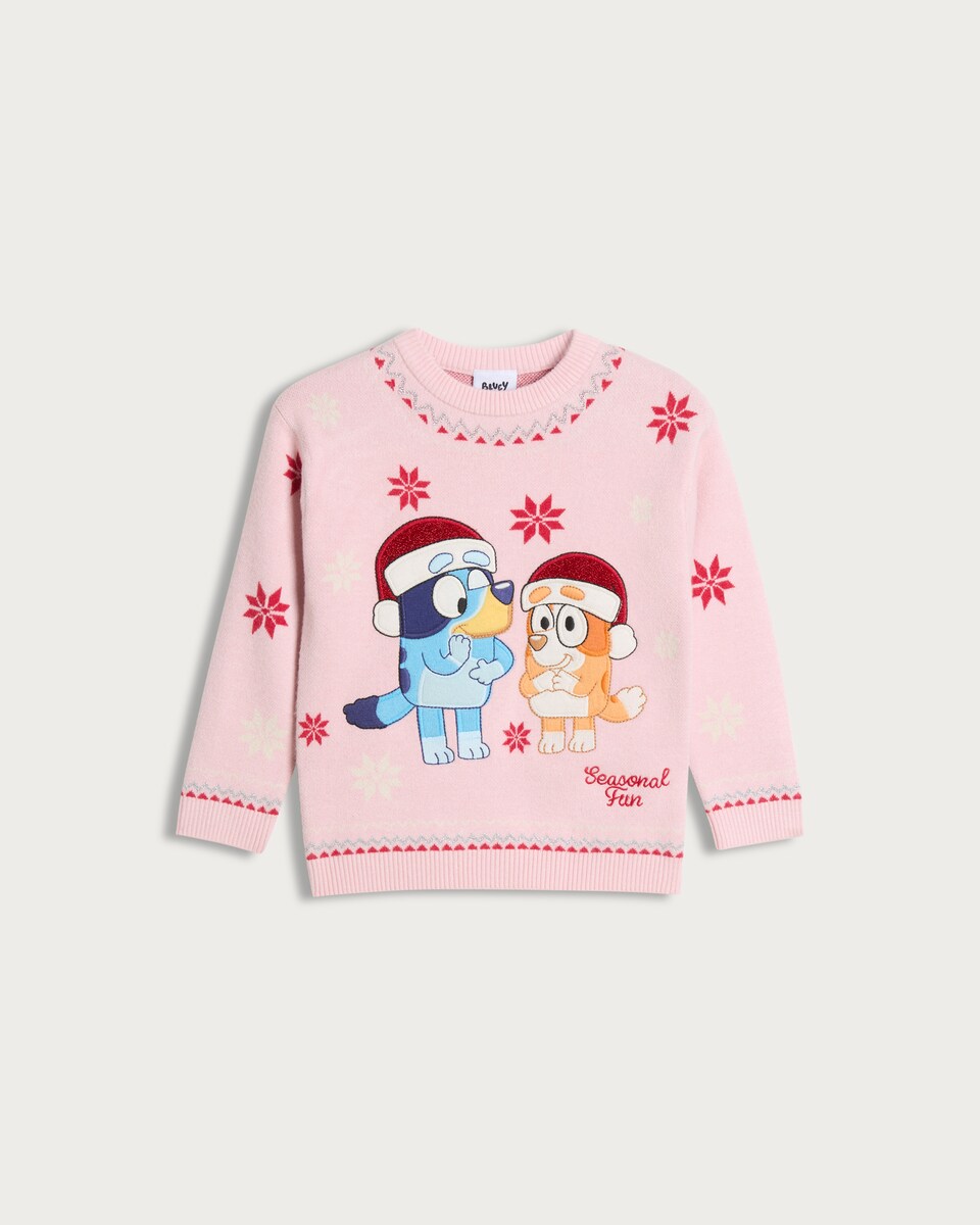 image 1 of Bluey Seasonal Fun Print Knitted Jumper in Pink