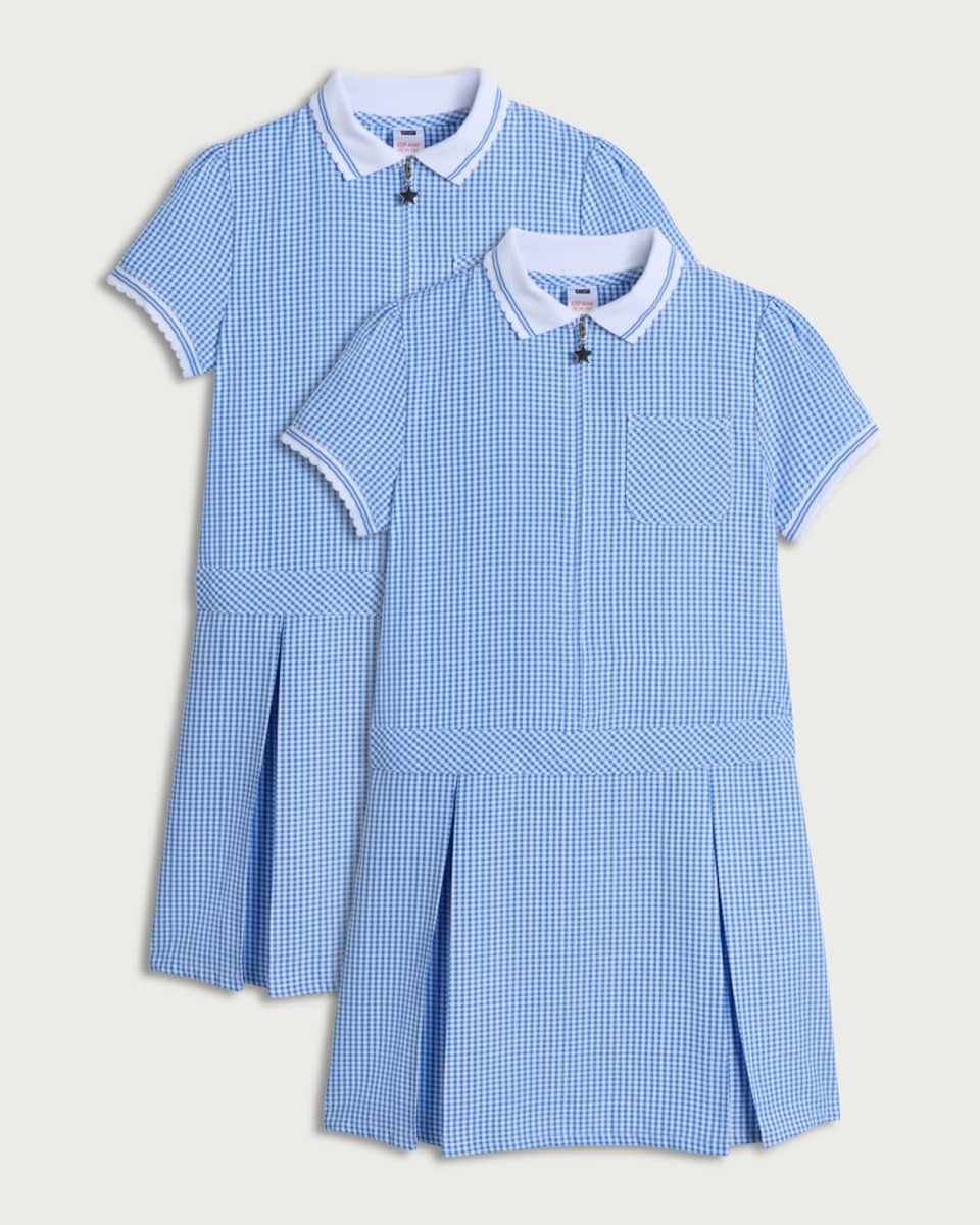F&F School Girls 2-Pack Generous Fit Gingham Short Sleeved Dresses in Blue
