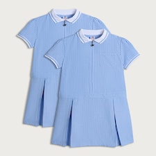 F&F School Girls 2-Pack Generous Fit Gingham Short Sleeved Dresses in Blue
