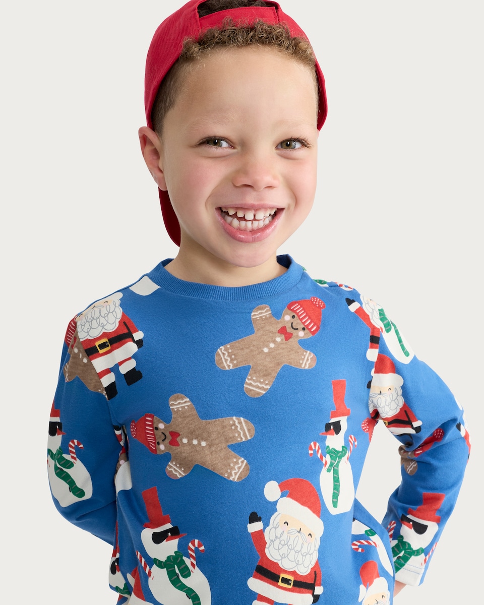 image 1 of F&F Boys Pure Cotton Christmas Printed T-Shirt in Blue