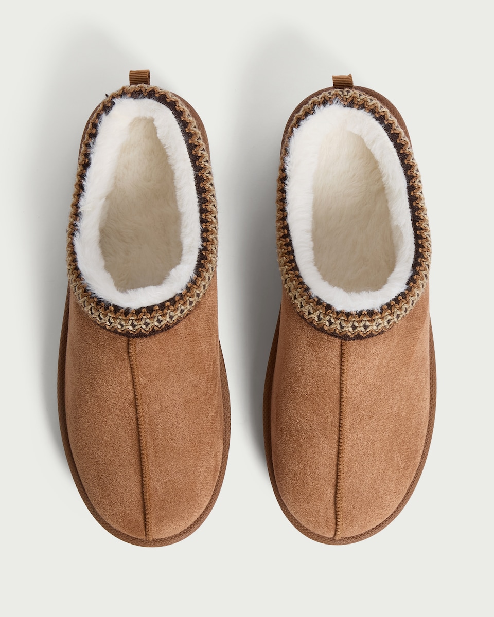 image 1 of F&F Faux Fur Lined Embroidered Mule Slippers in Tan