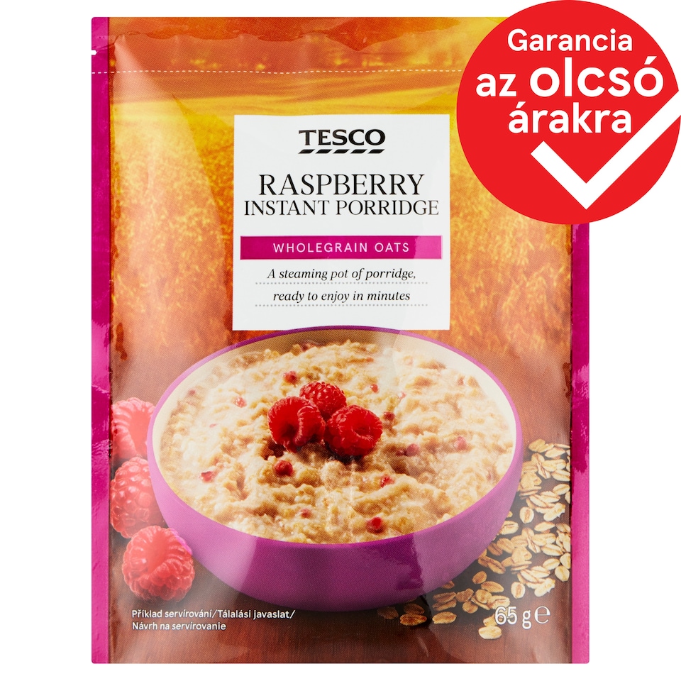 Tesco instant keverék zabpehellyel és fagyasztva szárított málnával, zabkása készítéséhez 65 g