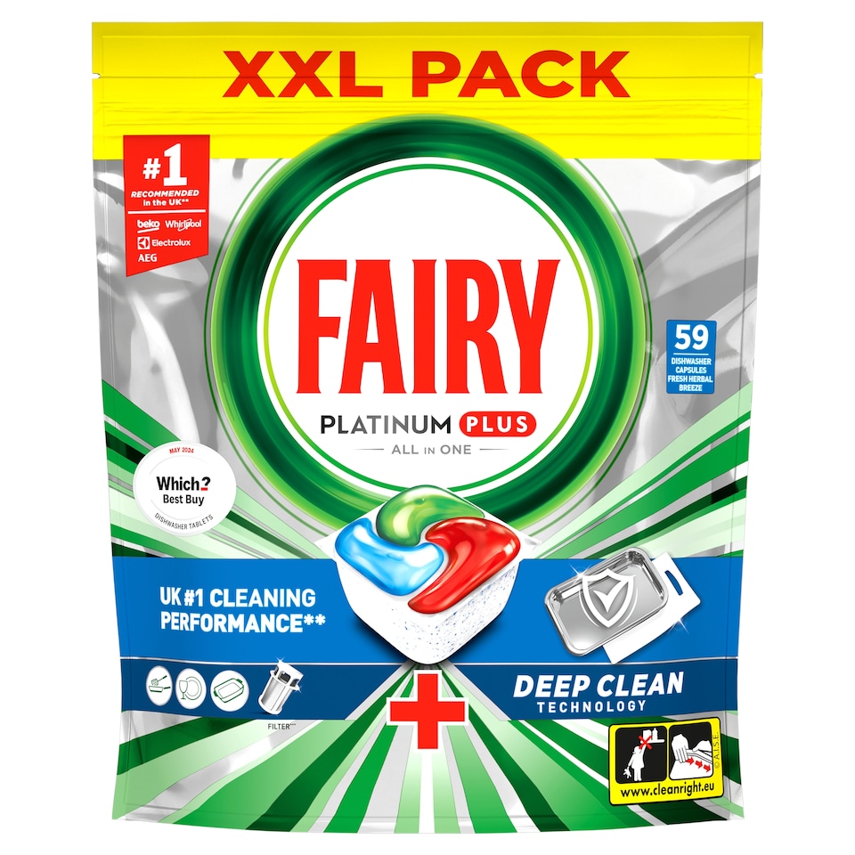 image 1 of Fairy Platinum Plus All In One Deep Clean 59 Dishwasher Tablets 915G