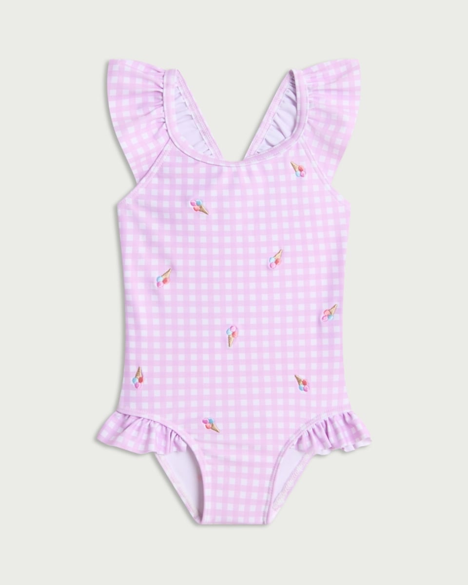 image 1 of F&F Baby Gingham Ice Cream Print Bow Back Swimsuit in Lilac