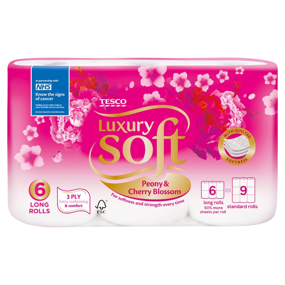 image 1 of Tesco Luxury Soft Peony & Cherry Blossom 6 Long Rolls