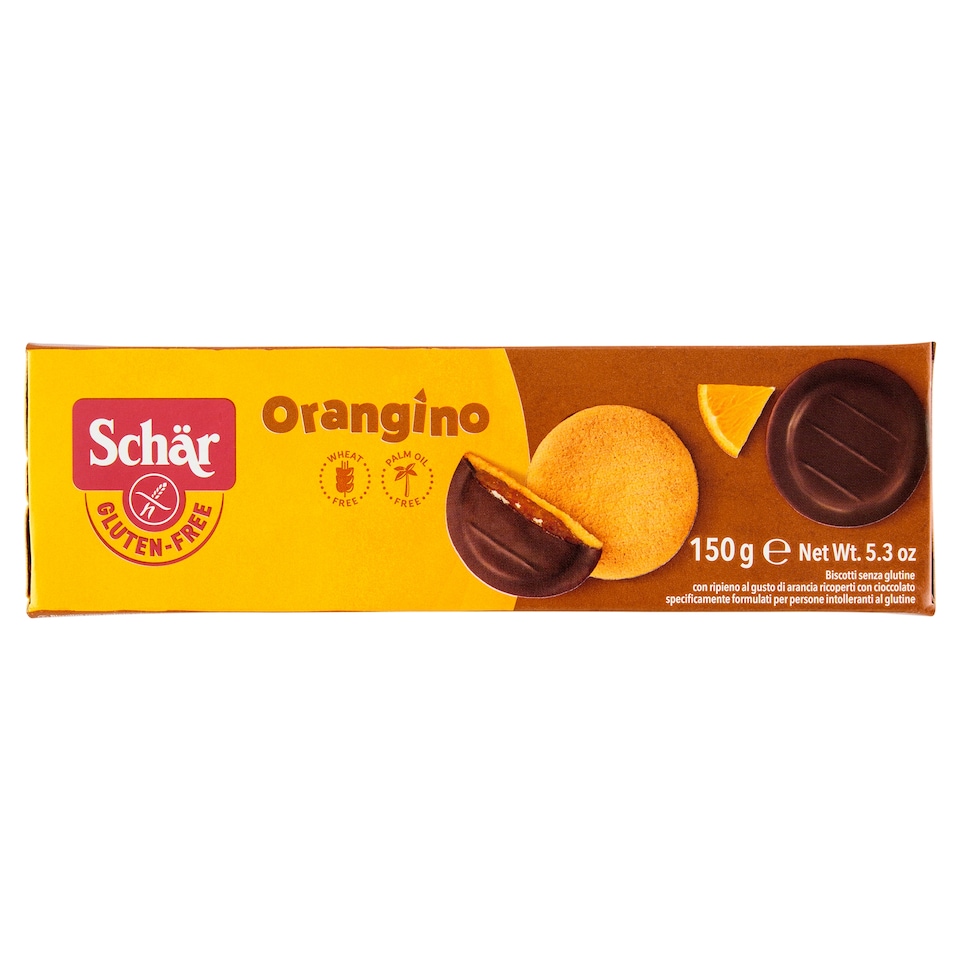 Obrázek 1 pro produkt Schär Orangino jemné pečivo bez lepku polomáčené v čokoládě s náplní s příchutí pomeranče 150g