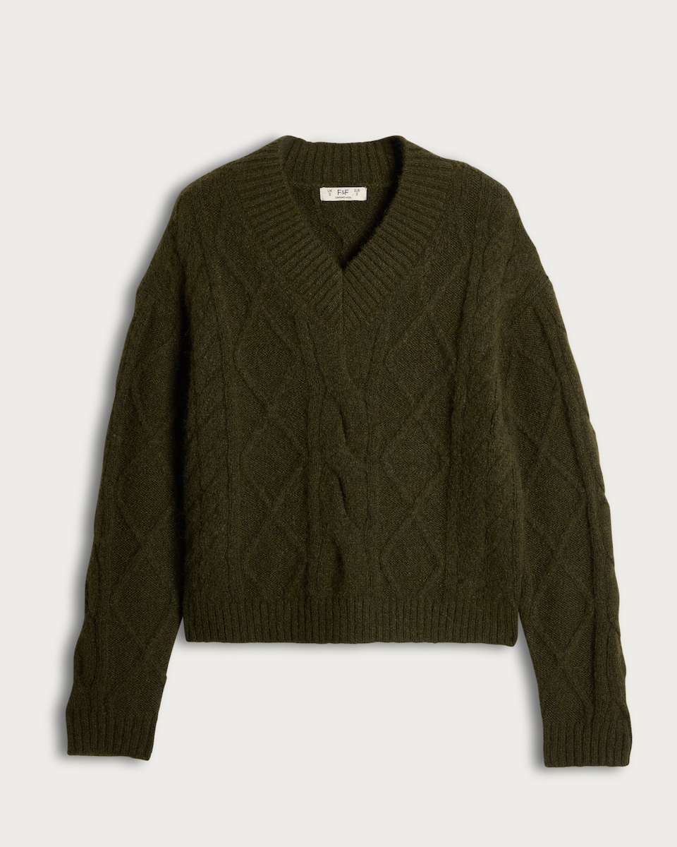 image 1 of F&F Cable Knit V Neck Jumper with Wool in Khaki