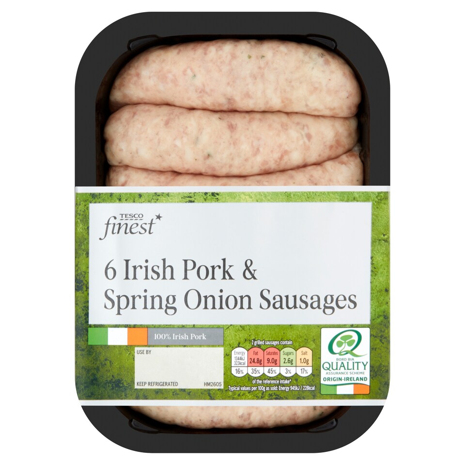 Tesco Finest* Irish Spring Onion Pork Sausages 454G