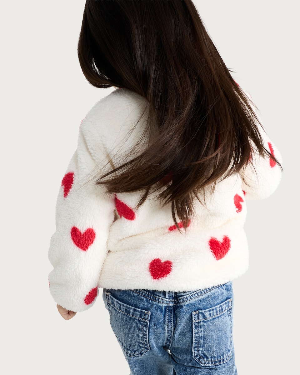 image 1 of F&F Girls Fleece Textured Heart Print Zip Up Jacket in Cream