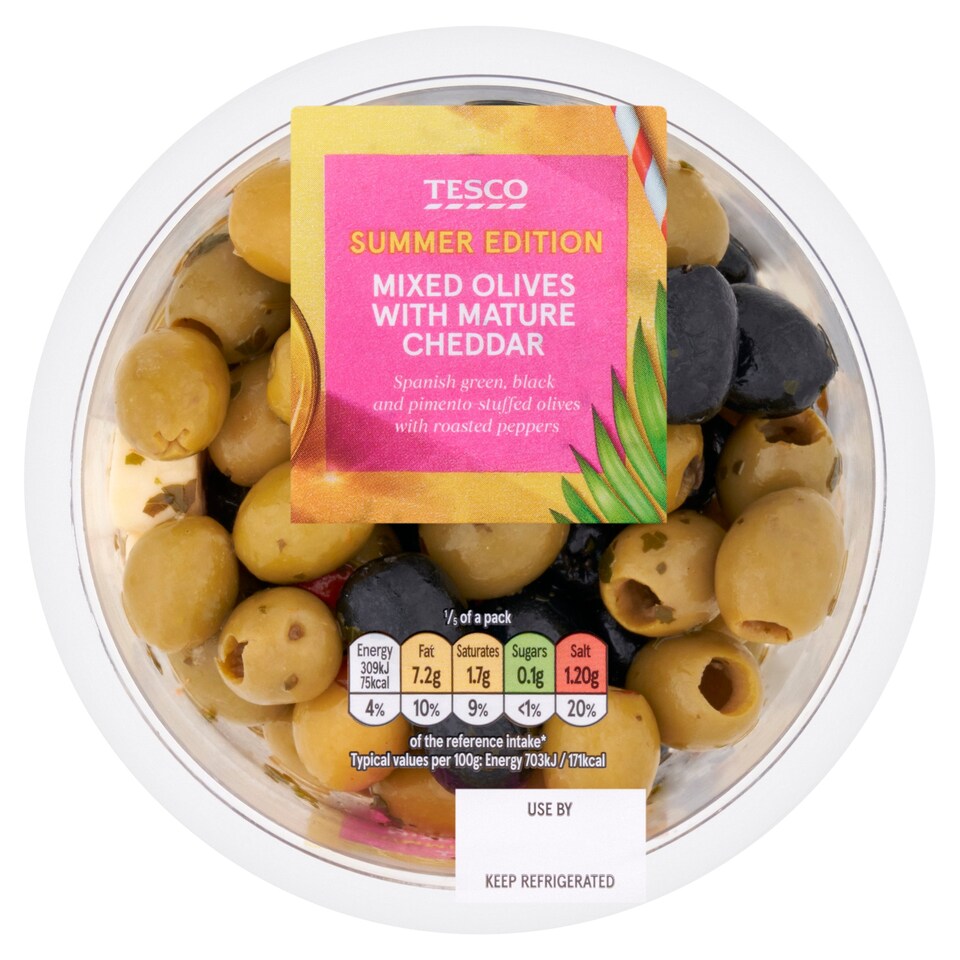 Tesco Mixed Olives With Cheddar 220G Tesco Groceries