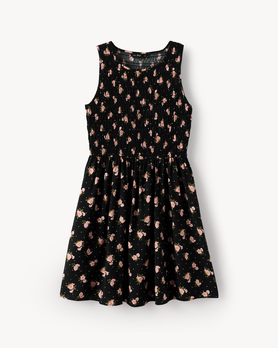 image 1 of F&F Shirred Sleeveless Mini Dress in Multi Black