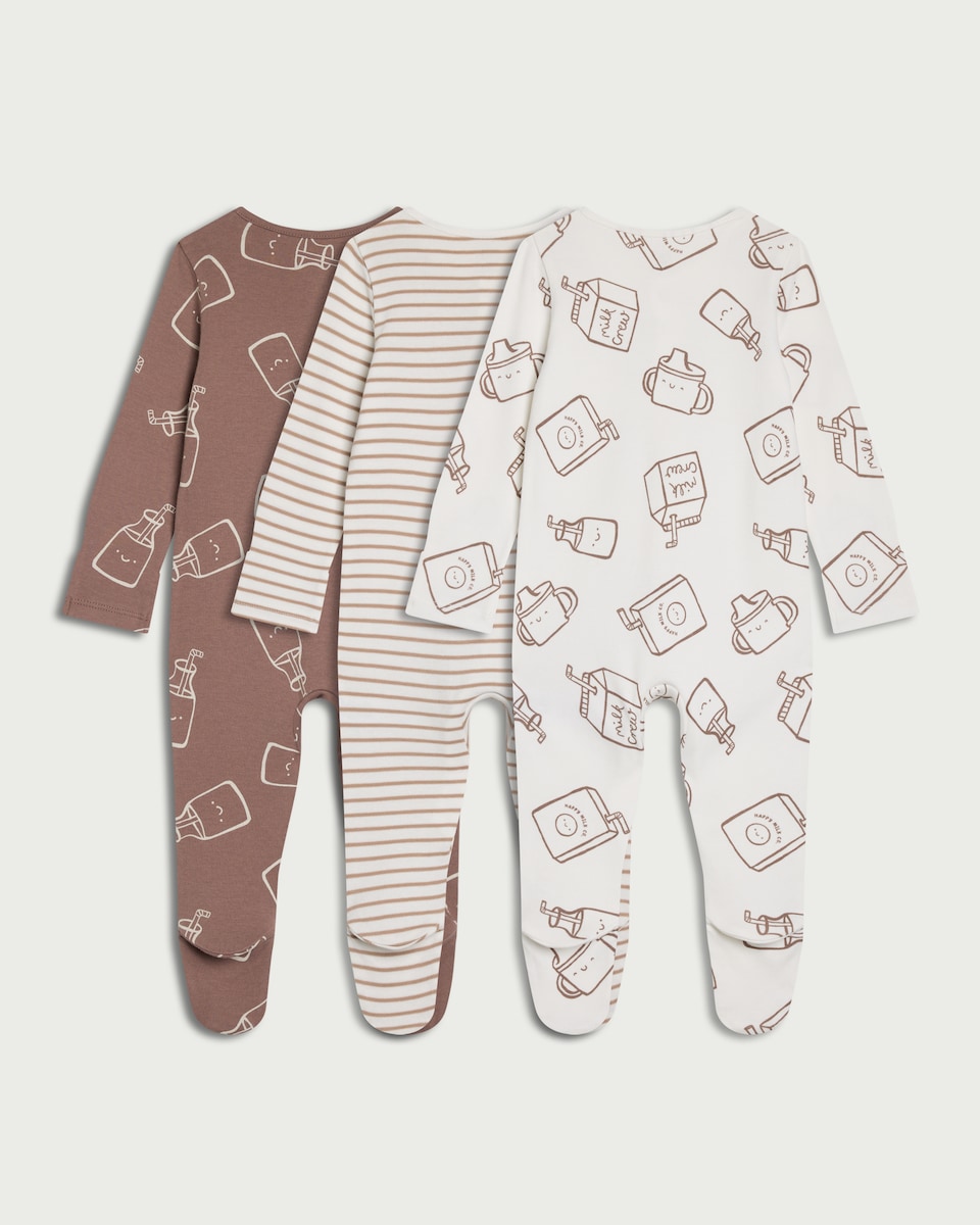 image 1 of F&F Baby 3-Pack Pure Cotton Milk Printed Sleepsuits in White