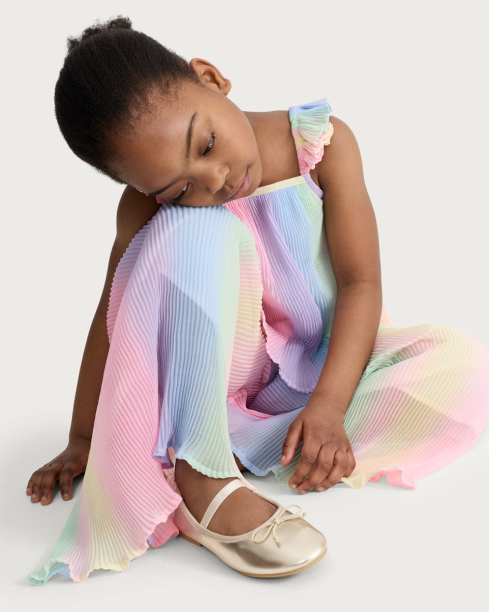 image 1 of F&F Girls 2-Piece Plisse Pleated Rainbow Vest and Trousers in Multi