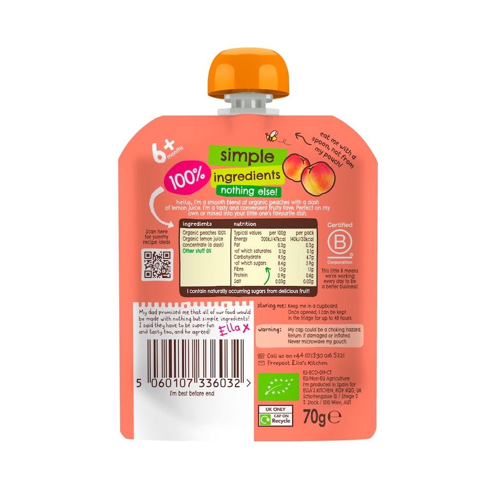 image 1 of Ella's Kitchen Organic Peaches First Tastes Baby Pouch 6+ Months 70g