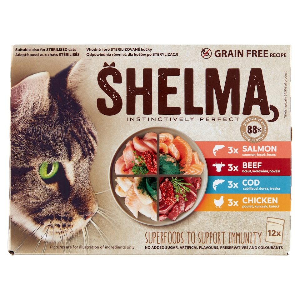 Shelma nedves macskaeledel felnőtt macskának gabonamentes párolt filé alutasakos macskatáp 12 x 85 g 1. kép