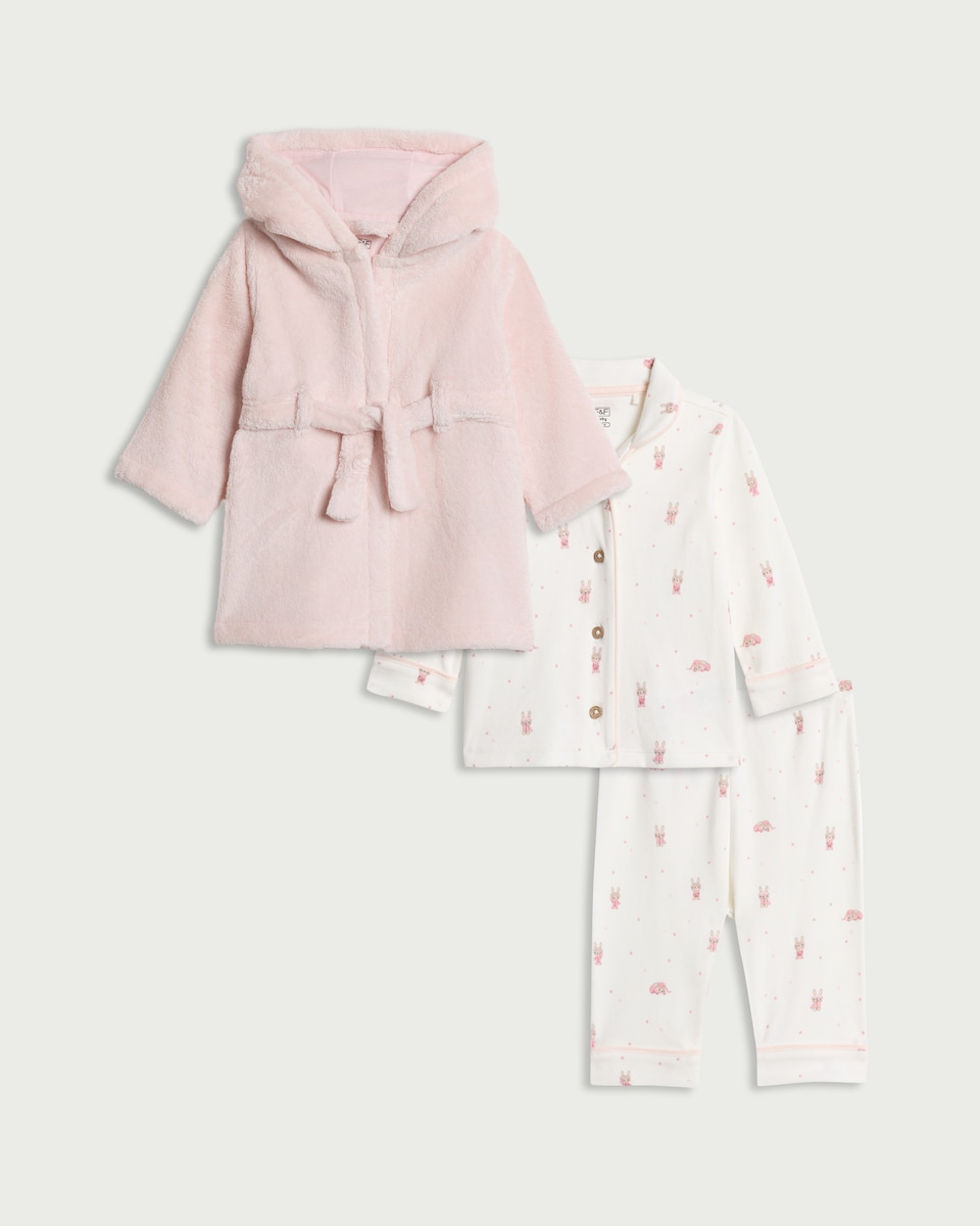 image 1 of F&F Baby 3-Piece Bunny Pyjama and Robe Set in Pink
